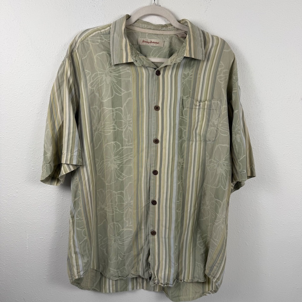 Tommy Bahama Mens L Silk Tencel Striped Floral Jacquard Button Down Shirt Sage